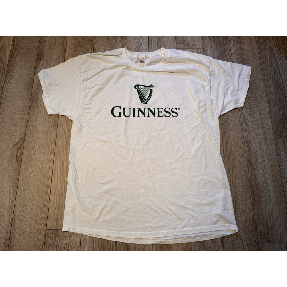 Guinness Beer Graphic T-Shirt Mens XL White Green Harp Logo Hanes‎ Cotton Tee